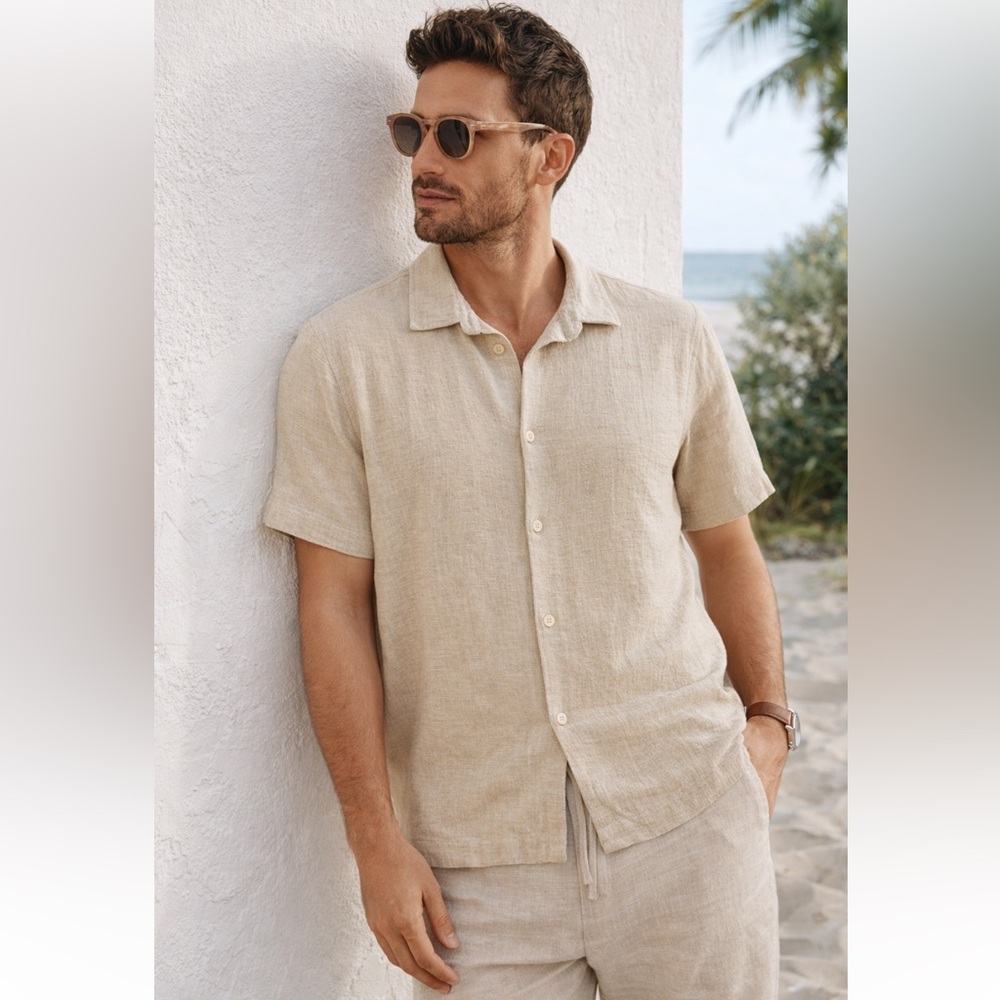 Zara Men's Textured Beige Button-Up Shirt | Linen Look | Relaxed Fit